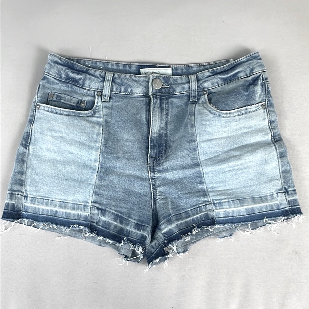 Blue Jean Shorts with Patchwork Design and Raw Hem